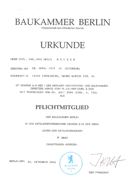 Zertifikat Mitglied Baukammer Berlin